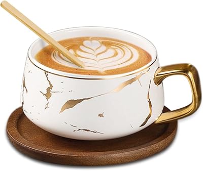 Set of tilani wooden tea cups and saucers - luxury ceramic latte cup of 10 oz with golden spoon and coffee saucer - luxury gold - coffee cups with implanted handles, set of fashionable tea cups for women and men (white).. Your budget-friendly online marketplace, DIAYTAR NIGERIA delivers a world of products in just 5-8 days.