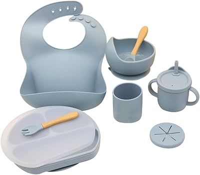 Mamou Bear silicone weaning set - Baby dinner supply supplies - Sweater bowl - Divided plate - Bamboo spoon and fork - Adjustable bib with pocket - For infants and toddlers - Easy wiping (blue).. Experience budget-friendly shopping at DIAYTAR NIGERIA, Nigeria's premier online marketplace with quick delivery.