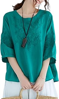 Linen shirts embroidered with flowers for women, Babydoll blouses with 3/4 sleeves and round neck.. Experience retail therapy without the financial stress at DIAYTAR NIGERIA's budget-friendly marketplace.