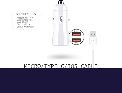 Adaptive car charger with Patek PT60 micro USB cable, compatible with devices with a micro USB port.. DIAYTAR NIGERIA: Your trusted partner for affordable online shopping with reliable delivery timeframes.