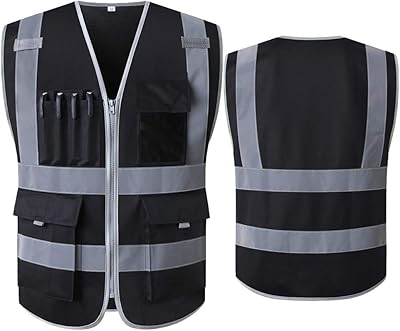 Black reflective safety vest with pockets and zipper | reflective construction vest |.. DIAYTAR NIGERIA brings the market to your screen with thousands of affordable products delivered to your door.
