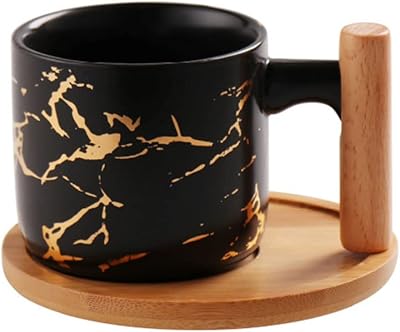 Cut and saucer in luxury golden marble Bonita - 200 ml ceramic coffee cup with wooden handle for coffee, tea and latte - black and white mat finish (black).. DIAYTAR NIGERIA: Bringing quality products to every Nigerian home at prices everyone can afford.
