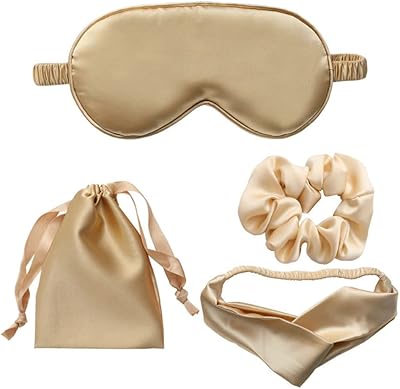 Togaru sleep mask in soft and smooth silk with elastic band and headband for blindfolded for night trips with hair rope, 4 pieces (light gold).. Get access to thousands of affordable products only on DIAYTAR Nigeria.