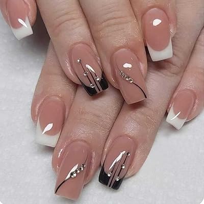Recline Artificial nails with French pressure in acrylic, black and white, with rhinestones in a coffin motif.. Discover the convenience of DIAYTAR NIGERIA's vast e-commerce platform with delivery in just 5-8 days.