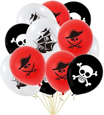 Caribbean pirate festive balloons, bouquet of white, black and red pirate skull balloons for birthday party decorations on the theme of pirates, 12 pieces.. Shop smarter, not harder with DIAYTAR NIGERIA - thousands of products at your fingertips with affordable delivery.