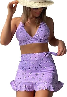 Floral print swimsuit for women, 3-room set, high cut, bikini set with cache-maillot skirt.. DIAYTAR NIGERIA makes online shopping accessible to all with budget-friendly prices and reliable delivery.