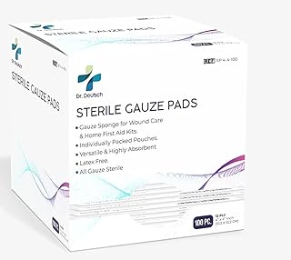 Sterile gauze pads Dr. Deutsch 10 x 10 cm (4 "x 4") for dressings, pack of 100, individually wrapped, cotton 12 thicknesses and very absorbent, first aid kits.. DIAYTAR NIGERIA: Where every search yields affordable results delivered promptly to your door.