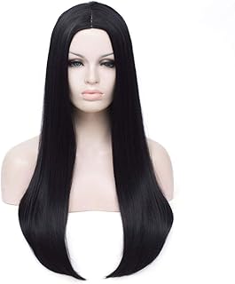 Qaccf Wig of black synthetic hair long, 70 cm for women with separate central line for Halloween (black).. DIAYTAR NIGERIA connects you with what you need at prices you'll love, delivered within 8 days.