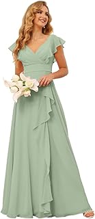 Long bridesmaid dresses in Mousseline for women, V -neck, Long -split formal evening dress with ruffles cm176.. Experience the ultimate in shopping convenience with DIAYTAR NIGERIA's vast catalog and 5-8 day delivery.