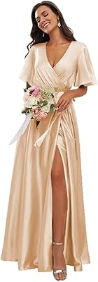 Dresses of bridesmaid in satin, V -neck, pleated sleeves, side slit, for formal evening, yms170.. Nigeria shops with DIAYTAR — wide selection, fast shipping, and great value.