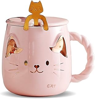 Ceramic coffee cup with cute cat design with stainless steel spoon and steel glass, fancy coffee mug for cat lovers, coffee cup with glass, kawaii cups (pink).. The best online shopping experience in Nigeria — DIAYTAR delivers it all.