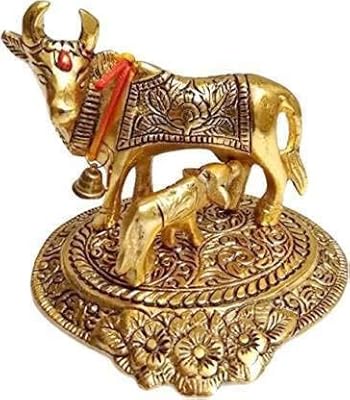 Kamdhenu Bizzhenu cow statue with calf for home decoration and gift, golden house decoration, width - 12 cm (aluminum, gold) Enu_Cow_ Statue.. From fashion trends to home essentials — find it on DIAYTAR Nigeria.