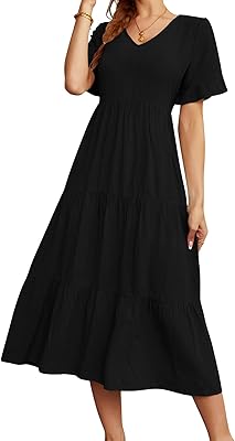 Summer dress for women, V-neck, loose ruffles, short sleeves, high waist, plain color, mid-length dress.. Experience shopping satisfaction with DIAYTAR NIGERIA's vast selection and budget-friendly delivery options.