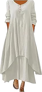 Cotton casual dresses and long -sleeved linen and round sleeves for women, large print, plain color, two layers, long breathable dress (color: white, size: xl).. Shop with purpose at DIAYTAR NIGERIA and receive products at unbeatable prices within the week.
