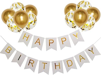 Happy birthday Birthday Banner in white gold + 12 Latex Balloons de Pouce.. DIAYTAR NIGERIA: Where affordability meets variety, with thousands of products delivered in less than 8 days.