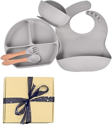 Silicone SWIFT baby supply set with gift box | 5 pieces | - Putting and separation bowl for toddlers with suction cup, adjustable silicone bib - Baby dishes, feed supplies for toddlers, BPA without BPA - (gray).. Navigate countless options with DIAYTAR NIGERIA's comprehensive marketplace and budget-friendly shipping.