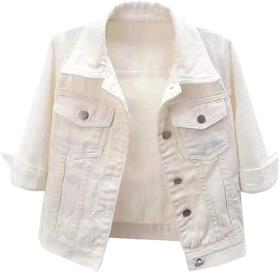 Short denim jacket with sleeves 3 4 for women light jacket.. DIAYTAR Nigeria offers great deals, a huge product variety, and delivery in under a week.