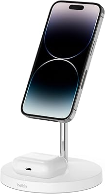 Belkin 2-in-1 wireless charger with Magsafe (quick loading station 15 W for iPhone series 14, 13 and 12, airpods and other devices supporting Magsafe with the AC adapter included)-White.. DIAYTAR NIGERIA: Your affordable gateway to thousands of products delivered promptly nationwide.