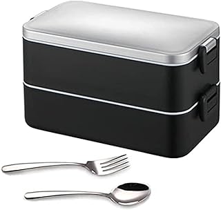 Lunch box in stainless steel for adults and children, double layer bento waterproof with 3 compartments with fork and spoon (black).. DIAYTAR NIGERIA: Connecting Nigerians with affordable products through our expansive e-commerce platform.
