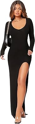 Long -sleeved long dress, V -neck, slot on the thigh, for women.. Experience the ease of modern shopping with DIAYTAR NIGERIA's vast selection and quick delivery service.