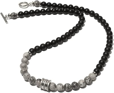 Short collar of natural stone pearls, 8 mm, stainless steel, with elegant neck chain pendant for men and women, 21.7 inches (55 cm), stone, onyx.. Shop smart, shop DIAYTAR - Nigeria's most affordable e-commerce platform with nationwide delivery.