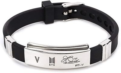 Excellent K-Pop BTS bracelet, signed by the member of group V, silicone pendant and silver plated, unisex by Yellow Chimes for men (silver; black) (ycfjbr-01vbts-slbk).. DIAYTAR NIGERIA: Your affordable marketplace with reliable 5-8 day shipping across Nigeria.