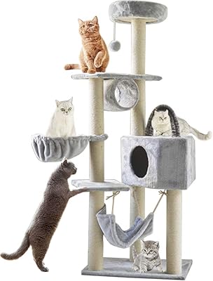 Simo cat tree tower, cat tree house, 5.25 feet (160 cm) in rattan wood, pet supplies, chat house with a safe multi-purpose bed, larger basket, spacious house easy to assemble, gray.. Affordable online shopping is just a click away with DIAYTAR Nigeria.