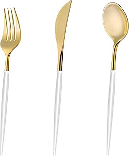 120 pieces of silverware in golden plastic - Golden plastic cutlery with white handle, sets of Golden disposable utensils with 40 plastic spoons, 40 plastic forks, 40 plastic knives for the party.. DIAYTAR NIGERIA puts thousands of products at your fingertips with affordable prices and delivery within a week.
