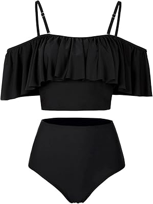 Bikini set with high -waisted ruffle, swimsuit sheathing the belly with bare shoulders for women.. DIAYTAR NIGERIA: Where shopping meets satisfaction with affordable prices and prompt delivery services.