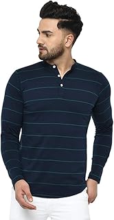 Henley t-shirt in striped cotton with long sleeves and fitted cut for men (blue, l).. From Lagos to Kano, DIAYTAR Nigeria delivers across Nigeria in days.