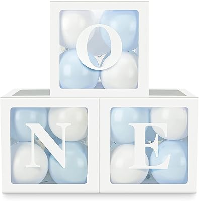 1st anniversary festive decorations for "one" boys babies with three transparent white square boxes with 24 balloons for a year's birthday party (blue color).. DIAYTAR NIGERIA: Your partner in affordable online shopping with reliable 5-8 day shipping nationwide.