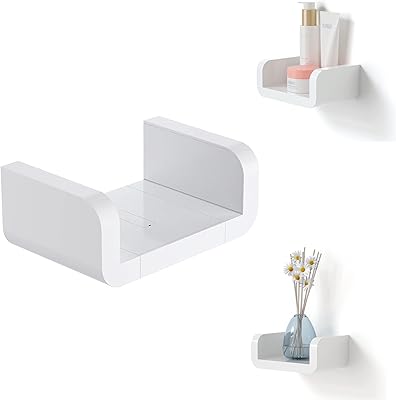 White plastic bathroom wall shelf without drilling, rustic floating shelves in the shape of a suction cup for bathroom, kitchen, bedroom, toilet organizer (size S).. DIAYTAR NIGERIA: Where shopping dreams become reality with affordable prices and prompt shipping.