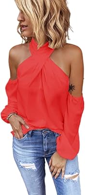 Summer blouse with long sleeves and Licou collar for women, #1 red, xxl.. For everyday items and more, trust DIAYTAR Nigeria.