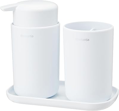 Brabantia Renew 3-room bathroom accessories set, set of 3, reloadable hand soap dispenser, tooth---rge and white, white strap holder, white.. DIAYTAR NIGERIA: Where every purchase is affordable and delivery is always within a week.