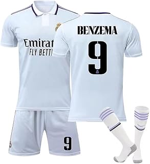 Real Madrid Benzema #9 football kit, football jersey, sportswear, football clothing, blue and white, 10-11 years old.. Shop with confidence at DIAYTAR NIGERIA, Nigeria's premier affordable e-commerce platform.