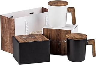 Fayrouz ceramic cup, porcelain cup for tea and coffee with cover and wooden handle for couples, 12 ounces (black and white set).. Experience shopping without stress at DIAYTAR NIGERIA's comprehensive and budget-friendly platform.