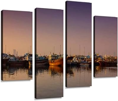 Printing on canvas - ships moored at sunrise - framed wall images - abstract digital printing - room decoration, desk, house - ready to hang - 4 panels.. Your digital shopping destination, DIAYTAR NIGERIA combines variety with affordability and quick delivery.