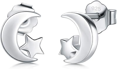 Sterling 925 silver rod earrings, porro crescent, star and sun, high shine and tarnishing, sterling silver.. DIAYTAR NIGERIA: Where thousands of products meet affordable prices and reliable 5-8 day delivery.