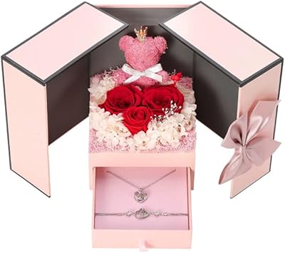 The real preserved rose gifts include a heart-shaped necklace and a bracelet I love you in 100 languages ​​for mom, grandmother, girlfriend, wife, birthday, birthday, Christmas, Valentine's Day, leather leather.. DIAYTAR NIGERIA brings affordable products to every doorstep with our reliable 5-8 day shipping.