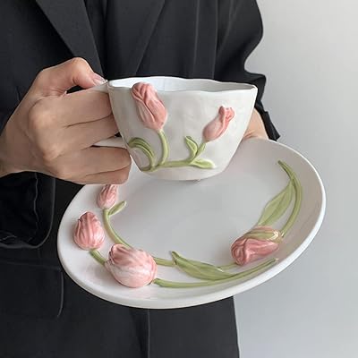 Set of Ceramic Ceramic Soucoupes Olized® Tulip Design with handle, tea cup and espresso saucer for dining table decoration, pink.. DIAYTAR NIGERIA makes quality accessible with our affordable prices and dependable delivery service.