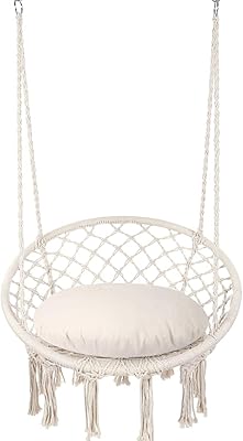 Suspended swing with macrame and maximum pillow 330 pounds, hung chair in beige cotton rope for interior, exterior, bedroom, patio, garden, porch.. DIAYTAR NIGERIA: Where smart shoppers find everything they need at prices they can afford.