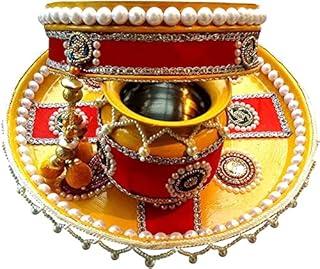 Karwa Chauth Thali unique set in yellow and red stainless steel (3 pieces, multicolored).. Shop smarter, not harder with DIAYTAR NIGERIA - thousands of products at your fingertips with affordable delivery.