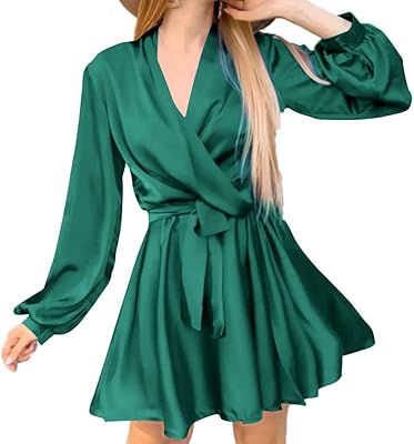 Short dress full of satin for women, silk, V -neck, tied waist, long sleeves.. Discover why millions choose DIAYTAR for affordable online shopping with delivery in just 5-8 days.