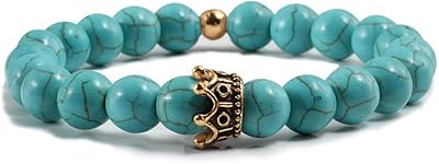 Stone bracelet, turquoise stone alloy, crown pearls, couple charms for women and men, white and blue pearls, stretch jewelry 8mm.. DIAYTAR NIGERIA: Where shopping meets satisfaction with affordable prices and prompt delivery services.