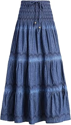 Long skirt in jeans trapeze bohemian embroidered for women the white shop with smoked size, two ways to wear it.. Experience shopping freedom with DIAYTAR NIGERIA's vast catalog and nationwide 5-8 day shipping.