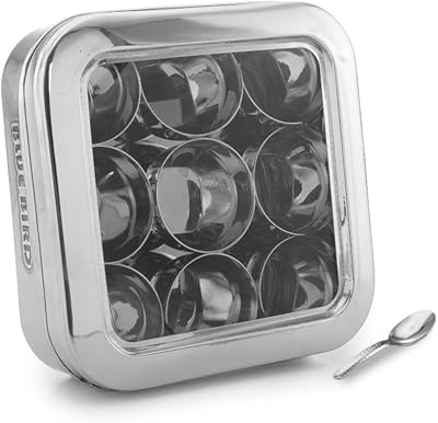 Box/DABBA/Square organizer (spices) in stainless steel with blue bird pattern (transparent lid) with 9 Masala containers and spoon (average size).. Need it fast? DIAYTAR Nigeria ships in just 5 to 8 days nationwide.