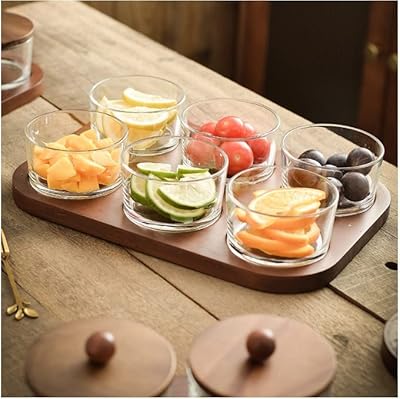Round glass snack plate with bamboo cover, separate dessert plate, divided dried fruit bowl (6 bowls).. Navigate through thousands of products at pocket-friendly prices with DIAYTAR NIGERIA's easy-to-use platform.