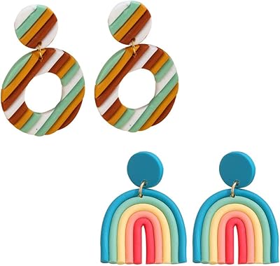 Colorful bohemian earrings in rainbow polymer clay for women, geometric earrings in clay, hanging rainbow earrings, set of jewelry for couples.. Discover endless possibilities with DIAYTAR NIGERIA's extensive product range and affordable shipping.
