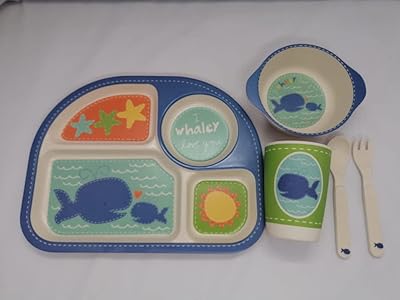 Baby 5 -room baby supply set, square and round plates with 2 spoons and 1 cup, in bamboo fiber, set of dark blue dishes.. DIAYTAR NIGERIA brings the joy of affordable shopping to your fingertips with delivery in less than 8 days.
