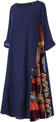 Amazon Fashion Long Dress for Women, Large Size, Round Col, 3/4 sleeves printed on the side.. DIAYTAR NIGERIA: Making online retail accessible to all with affordable nationwide shipping.